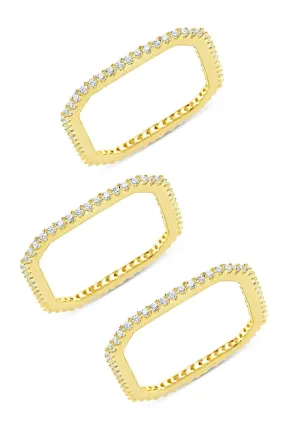 14K Gold Plated Sterling Silver CZ Pave Squared Stackable Ring Set of 3