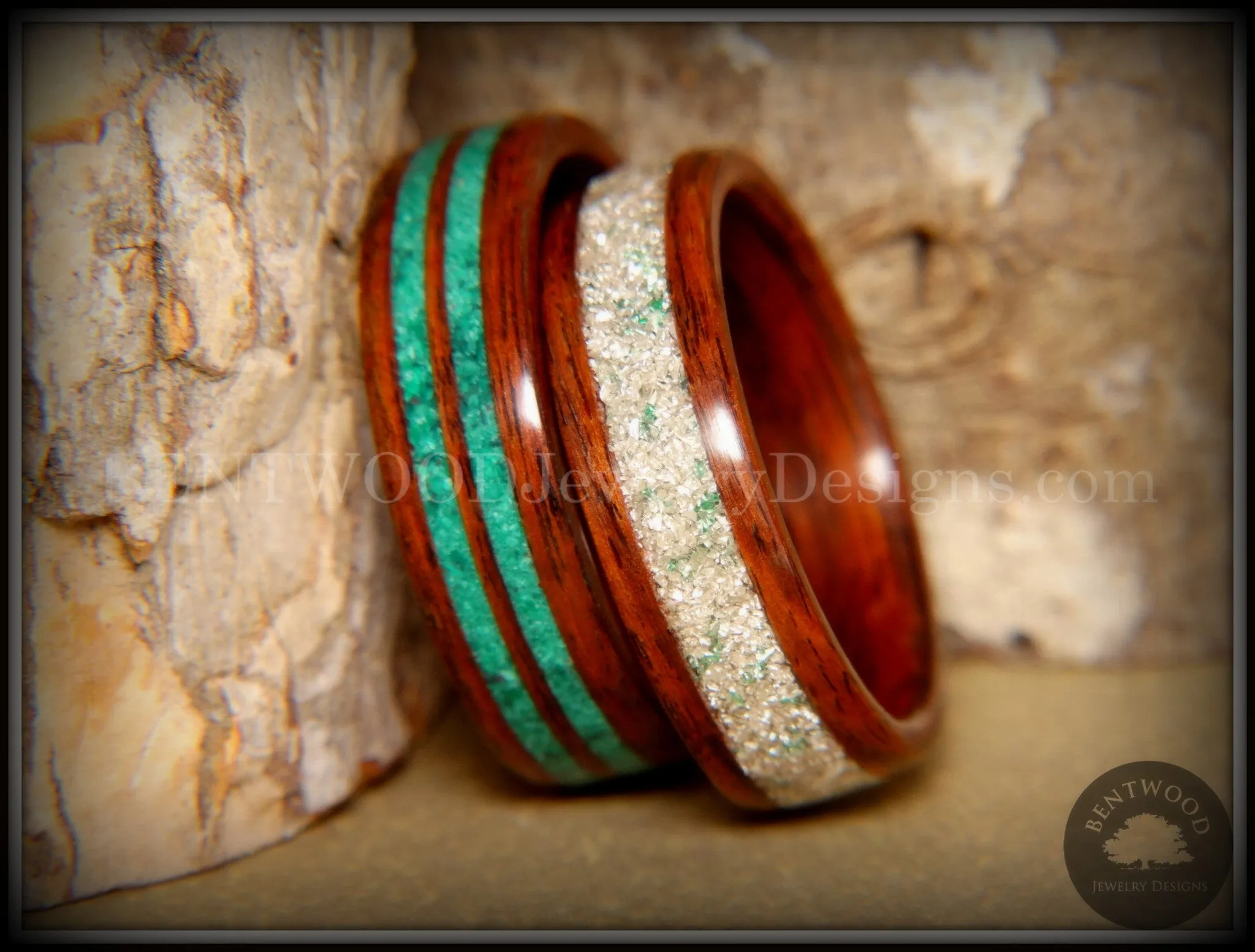 Bentwood Rings Set - "Green Coupled" Rosewood Wood Rings with Malachite and Silver and Green Mix German Glass Inlay