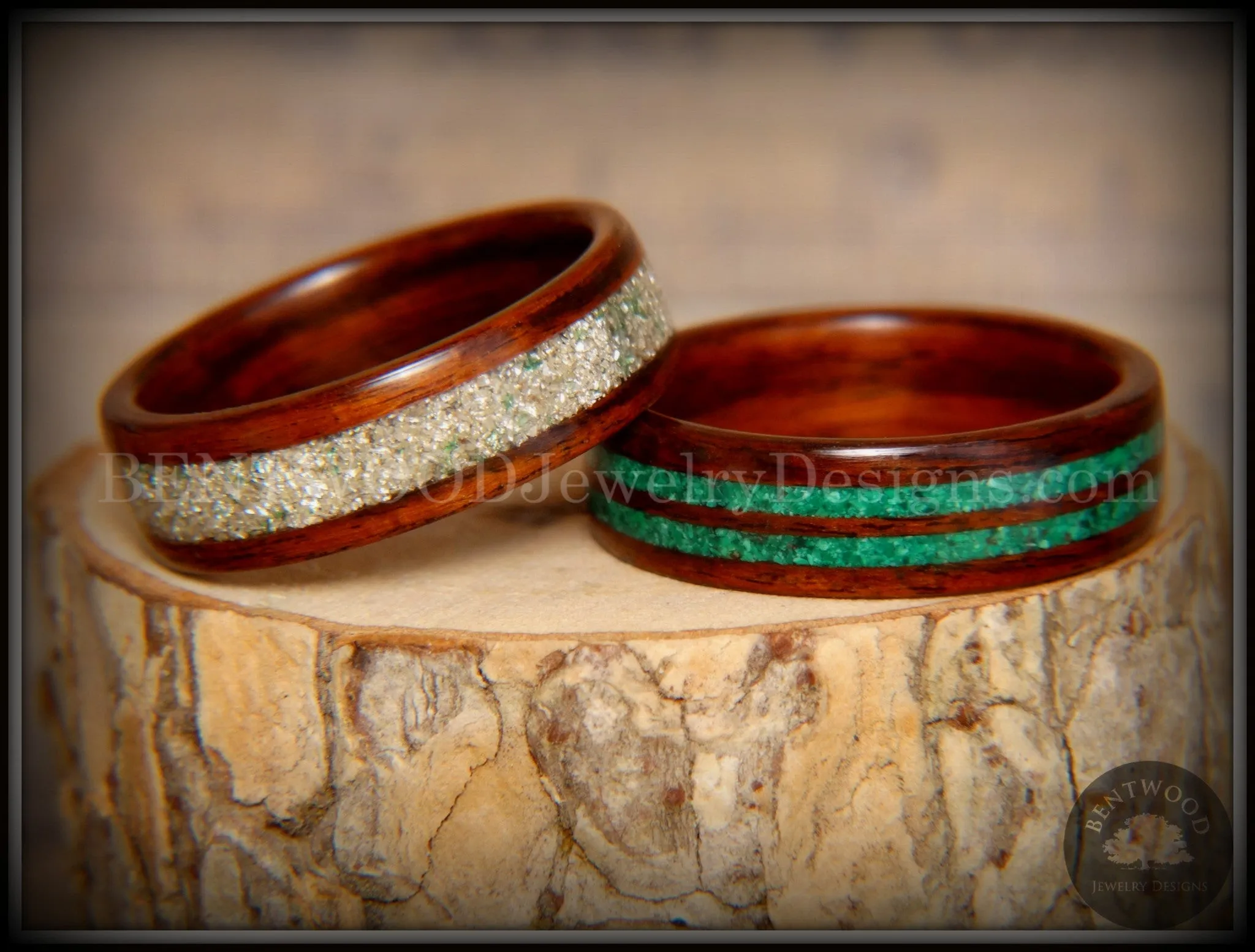 Bentwood Rings Set - "Green Coupled" Rosewood Wood Rings with Malachite and Silver and Green Mix German Glass Inlay