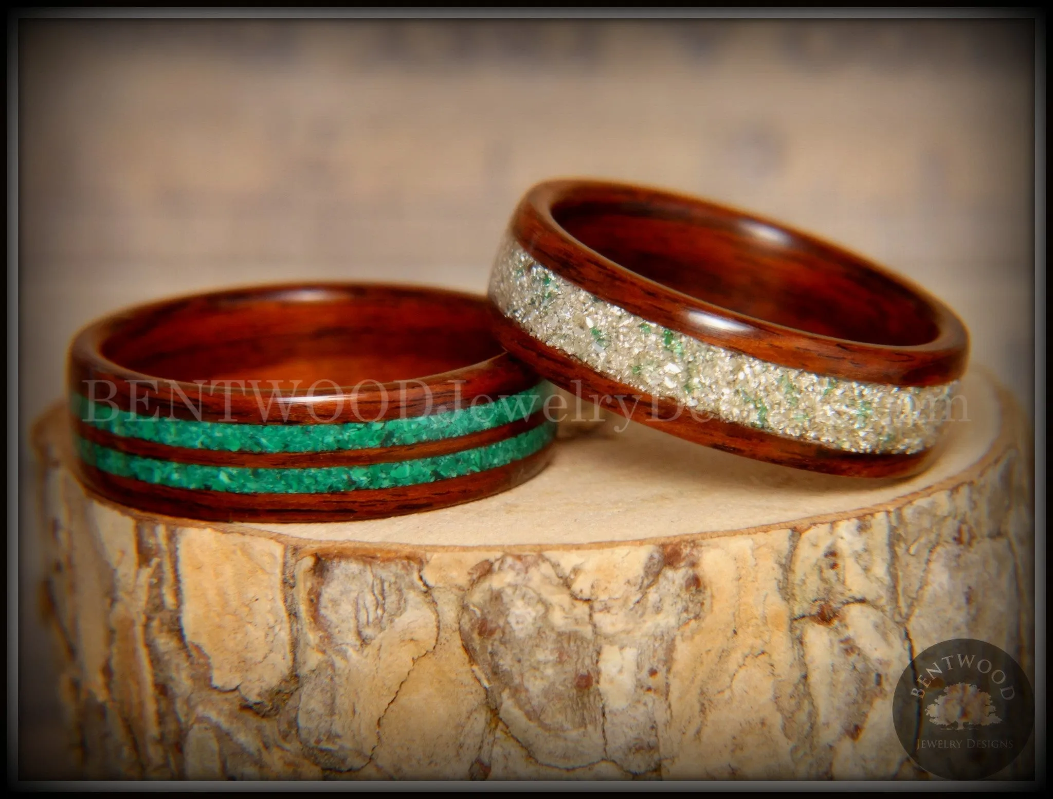 Bentwood Rings Set - "Green Coupled" Rosewood Wood Rings with Malachite and Silver and Green Mix German Glass Inlay