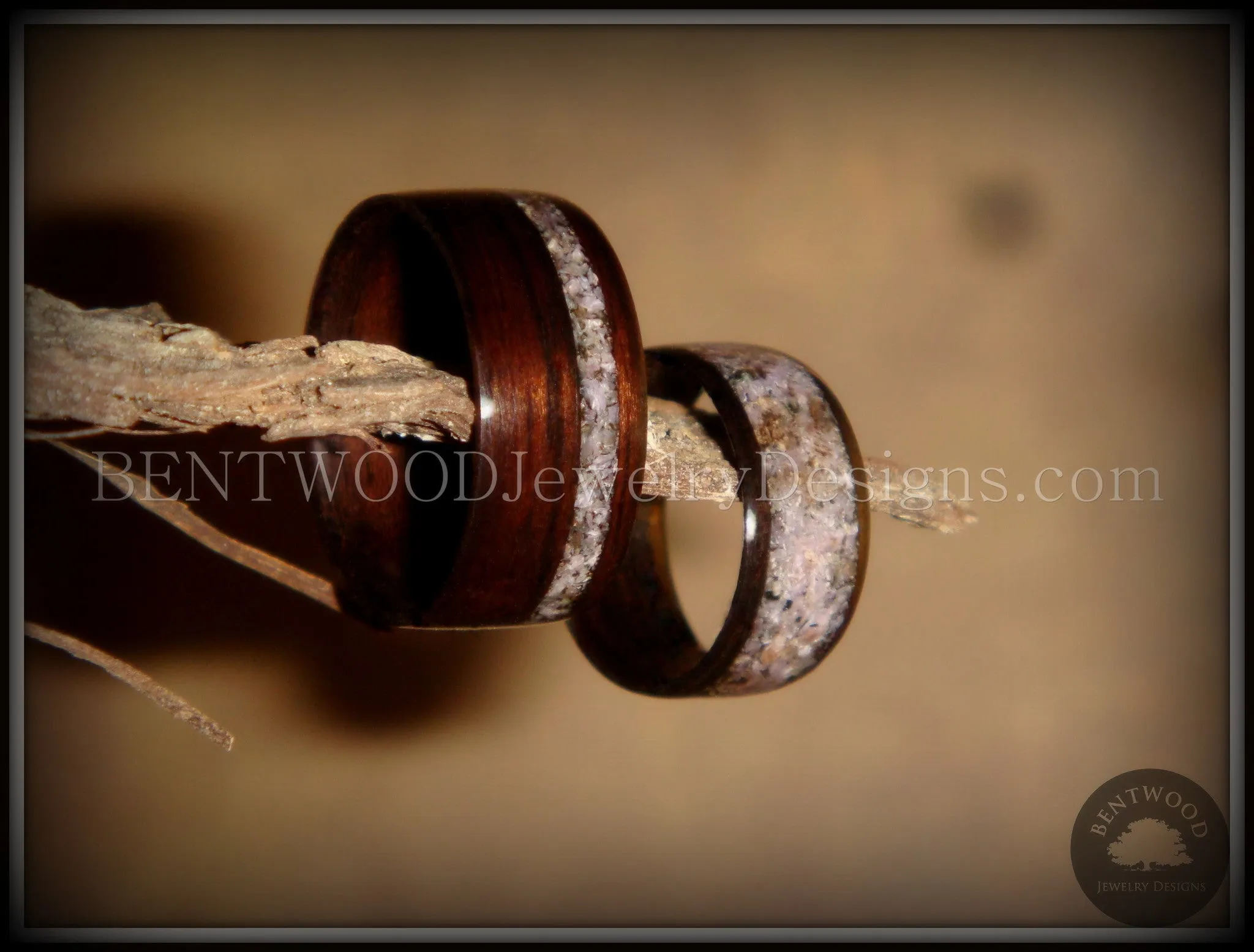 Bentwood Rings Set - "Grounded Pair" Macassar Ebony Wood Rings with Charoite Inlay