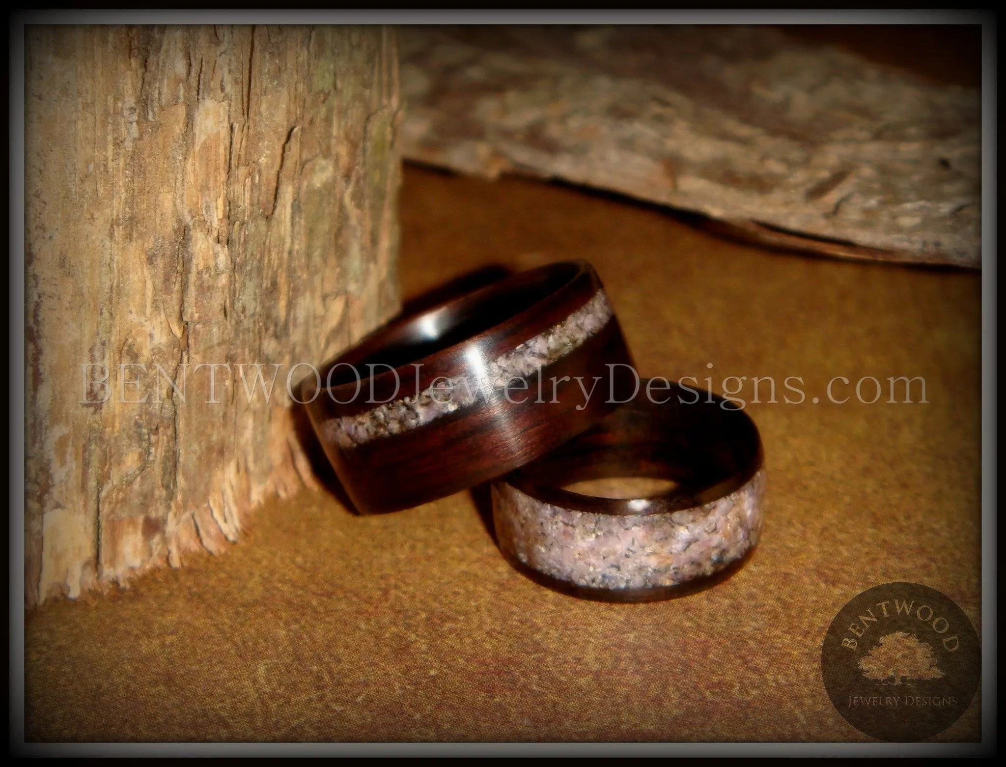 Bentwood Rings Set - "Grounded Pair" Macassar Ebony Wood Rings with Charoite Inlay