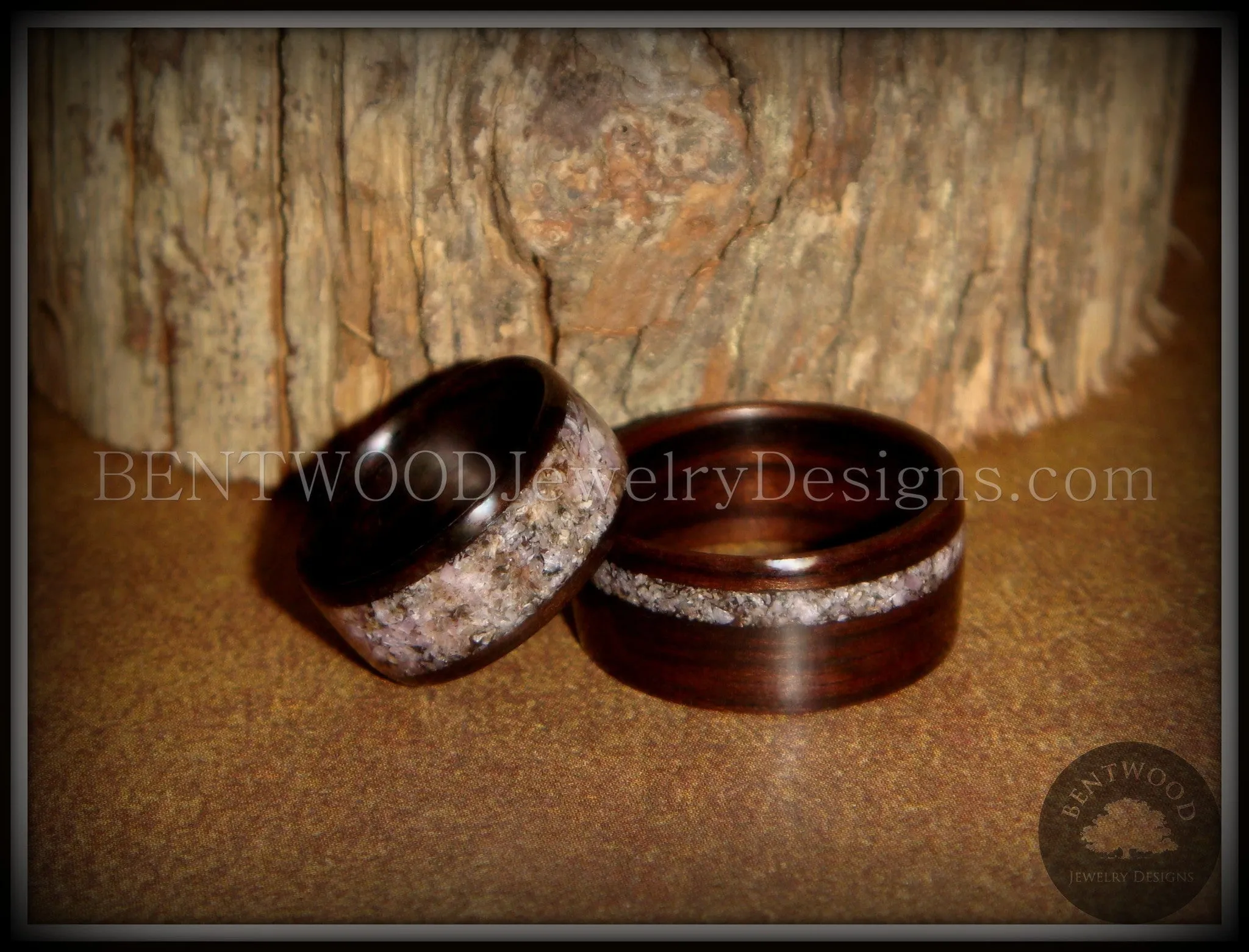 Bentwood Rings Set - "Grounded Pair" Macassar Ebony Wood Rings with Charoite Inlay