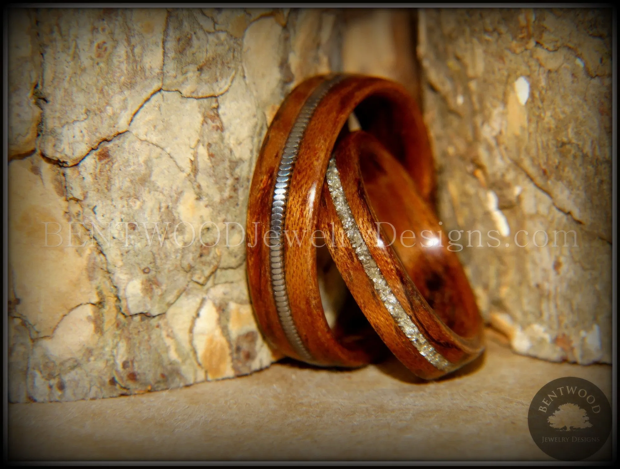 Bentwood Rings Set - "Waterfall" Bubinga Wood Ring Set with Glass Inlay and Guitar String Inlay