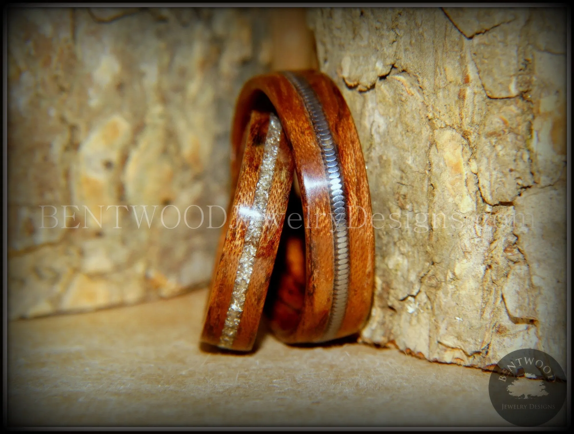 Bentwood Rings Set - "Waterfall" Bubinga Wood Ring Set with Glass Inlay and Guitar String Inlay