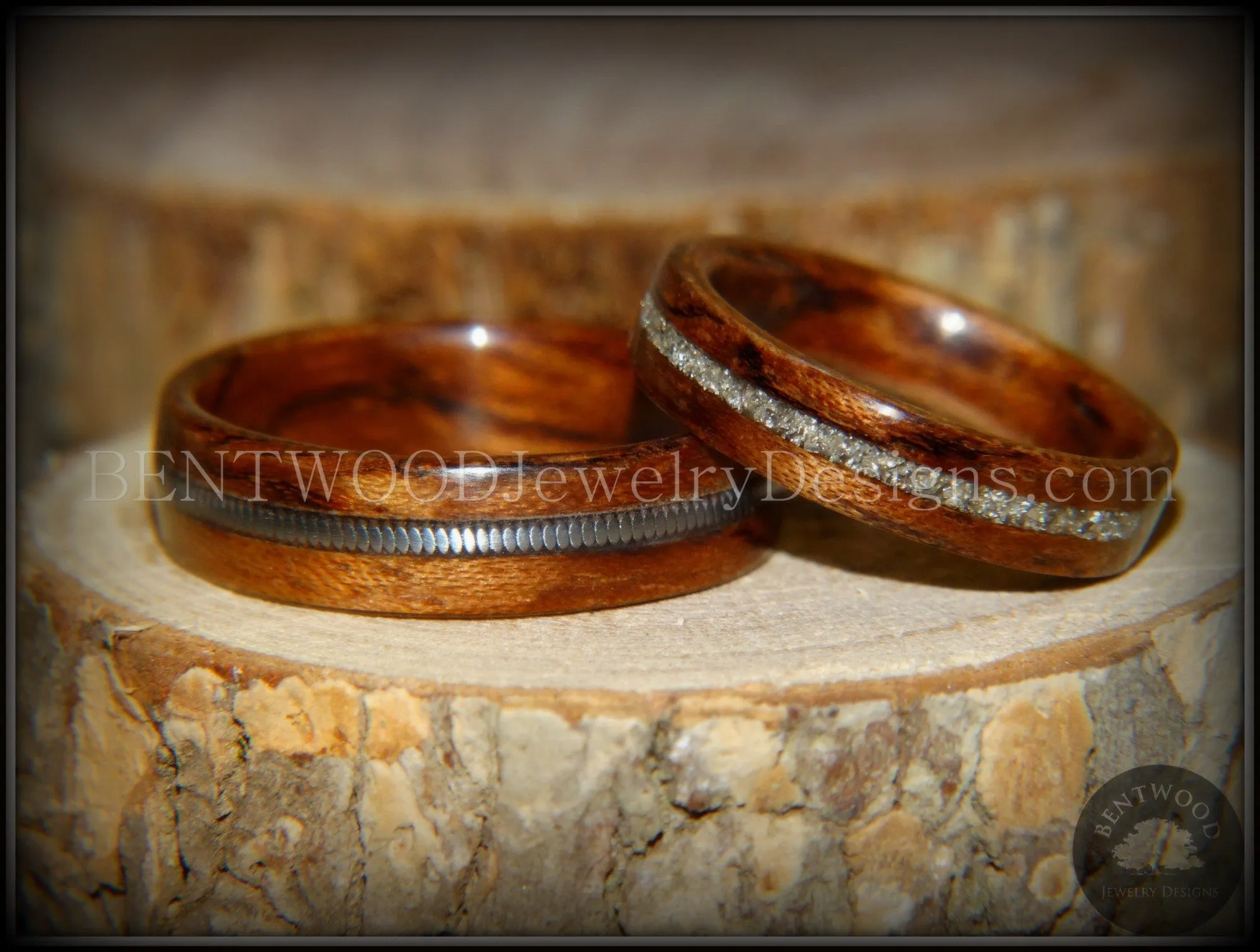 Bentwood Rings Set - "Waterfall" Bubinga Wood Ring Set with Glass Inlay and Guitar String Inlay