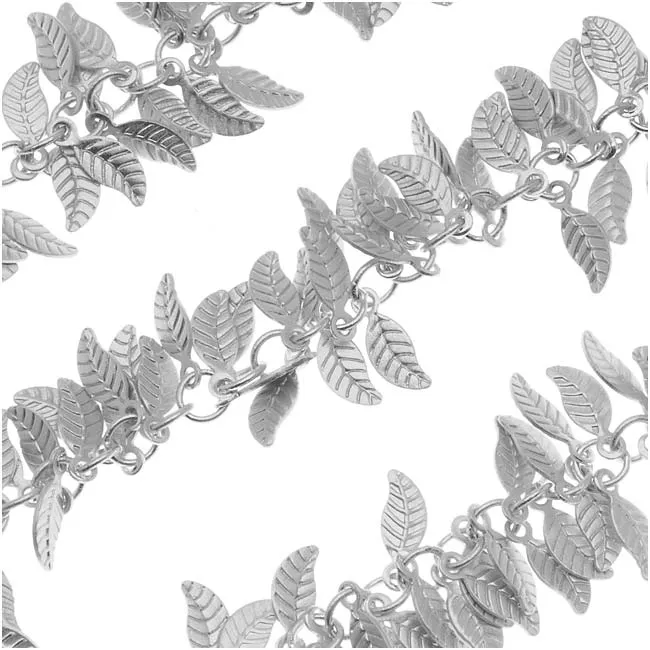Charm Chain, Leaf 7mm, Antiqued Silver Plated, by the Inch