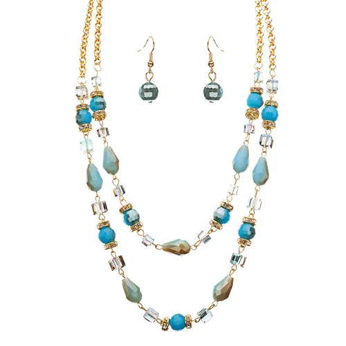 Fascinating Design Crystal Rhinestone Beaded Tear Drop Necklace Set JN182 Blue