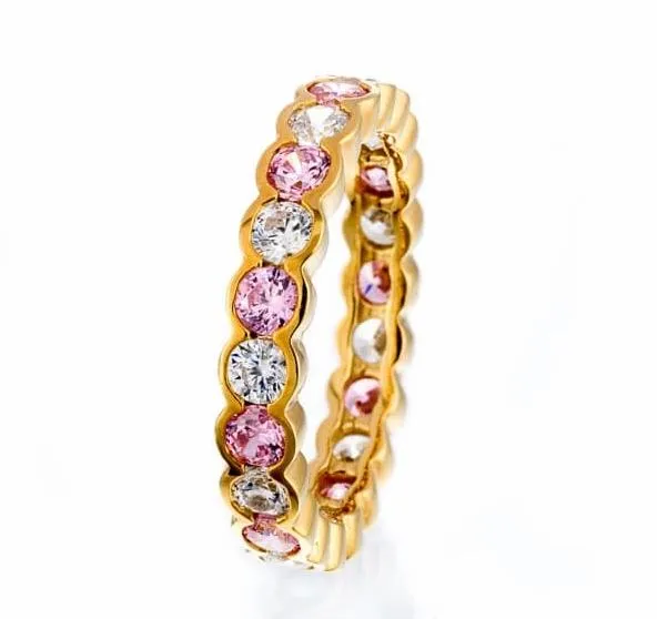 Faux Pink Diamond Cubic Zirconia Bezel Set Eternity Band In Sterling Silver