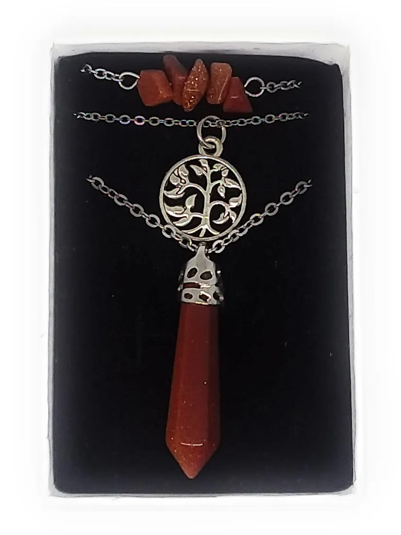 Gemstone & Charm Layered Necklace Set - Goldstone