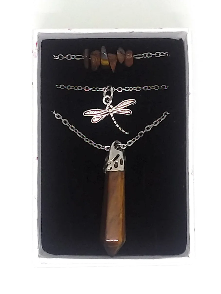 Gemstone & Charm Layered Necklace Set - Tiger Eye