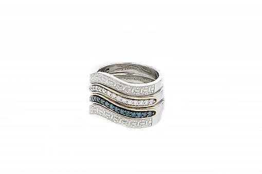 Italian Sterling Silver Four Ring Set with 0.70ct. blue & white diamonds and 14K solid yellow gold accents