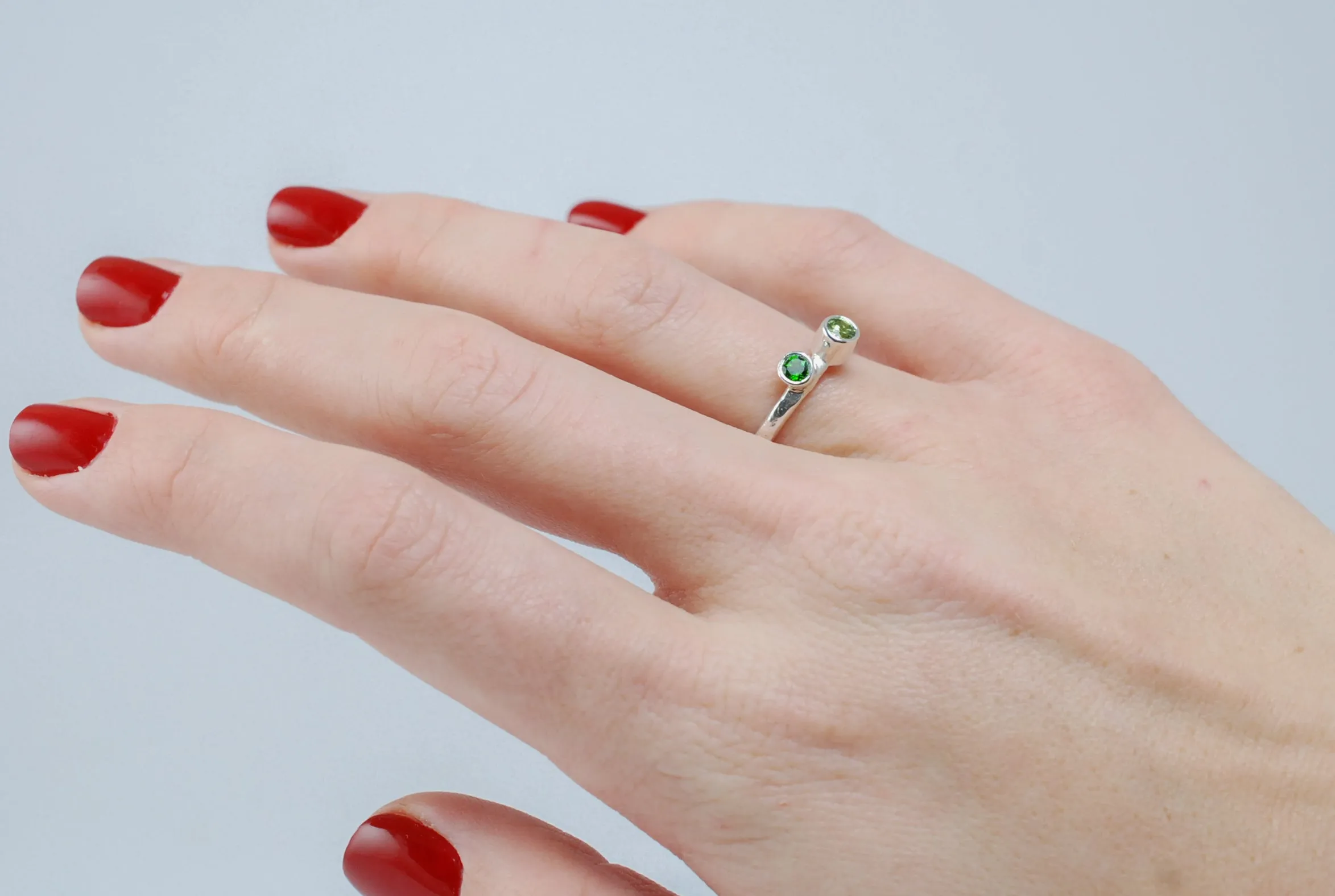 Silver two green stone stackable ring