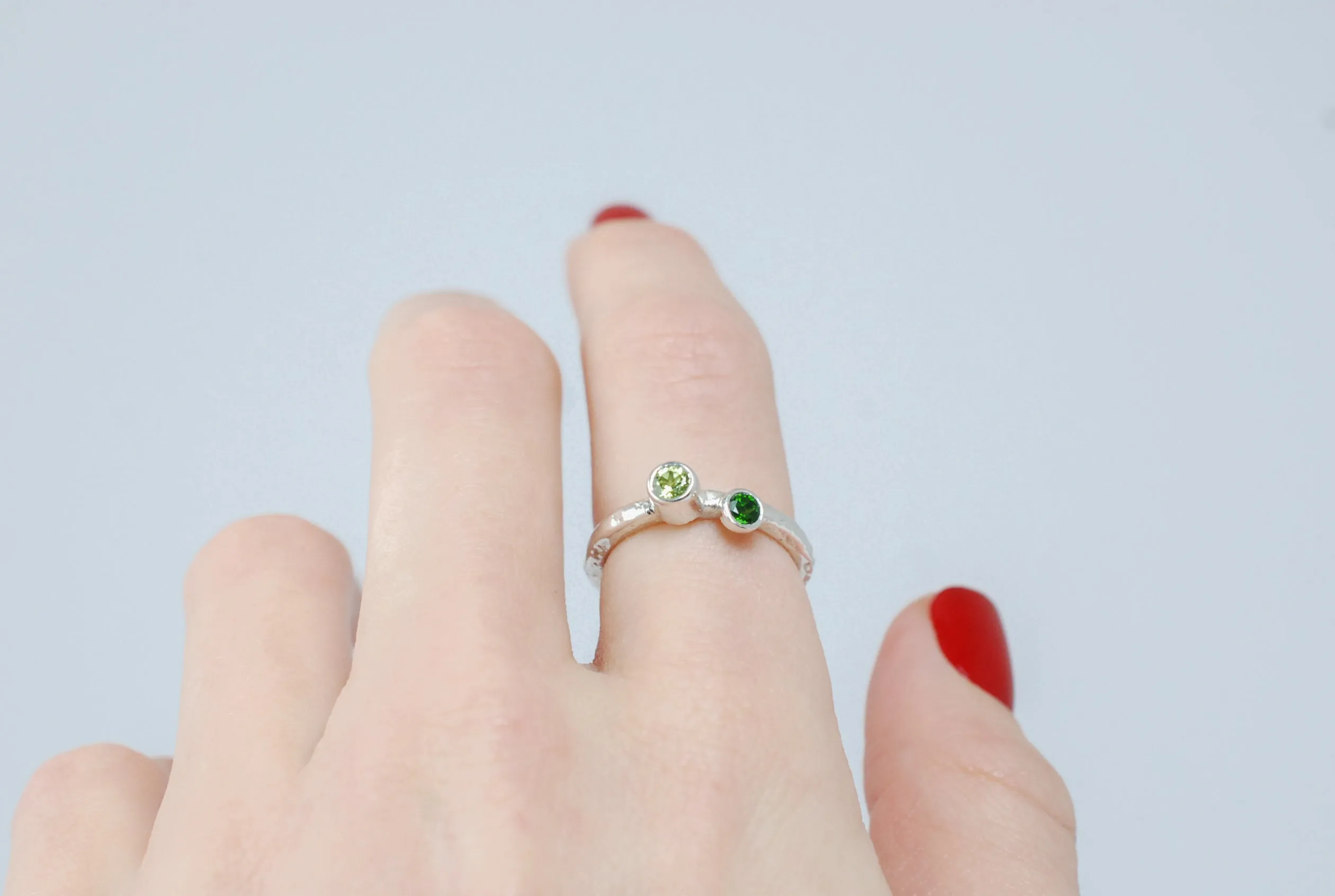 Silver two green stone stackable ring
