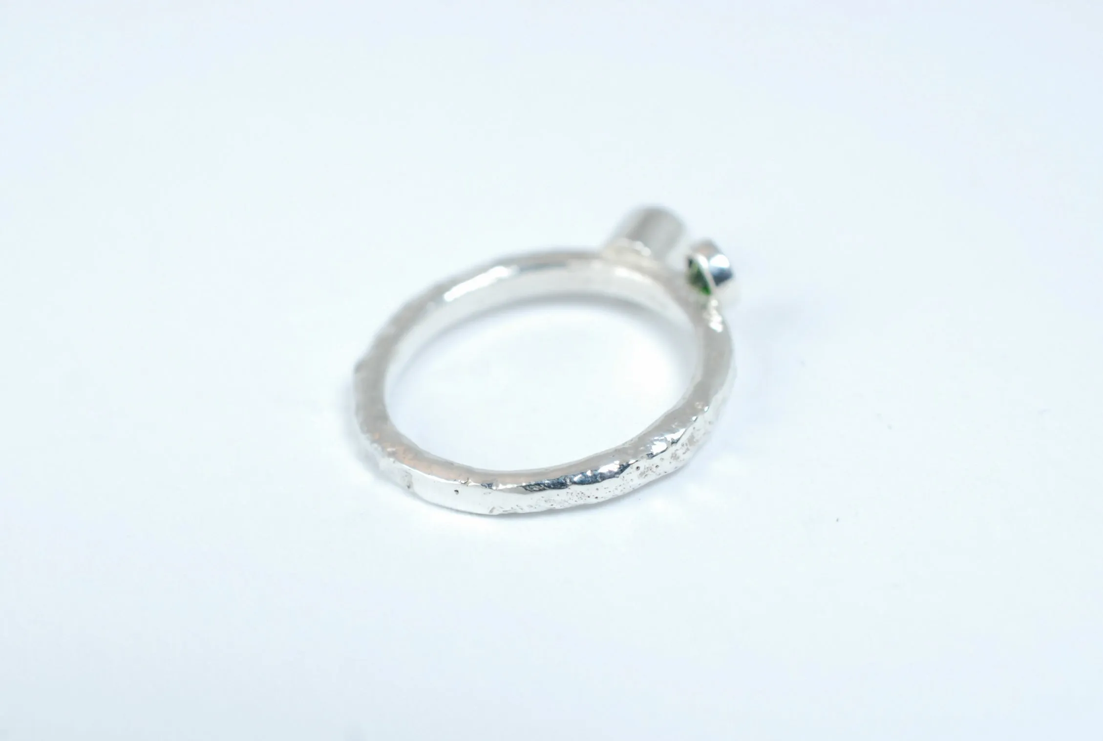 Silver two green stone stackable ring