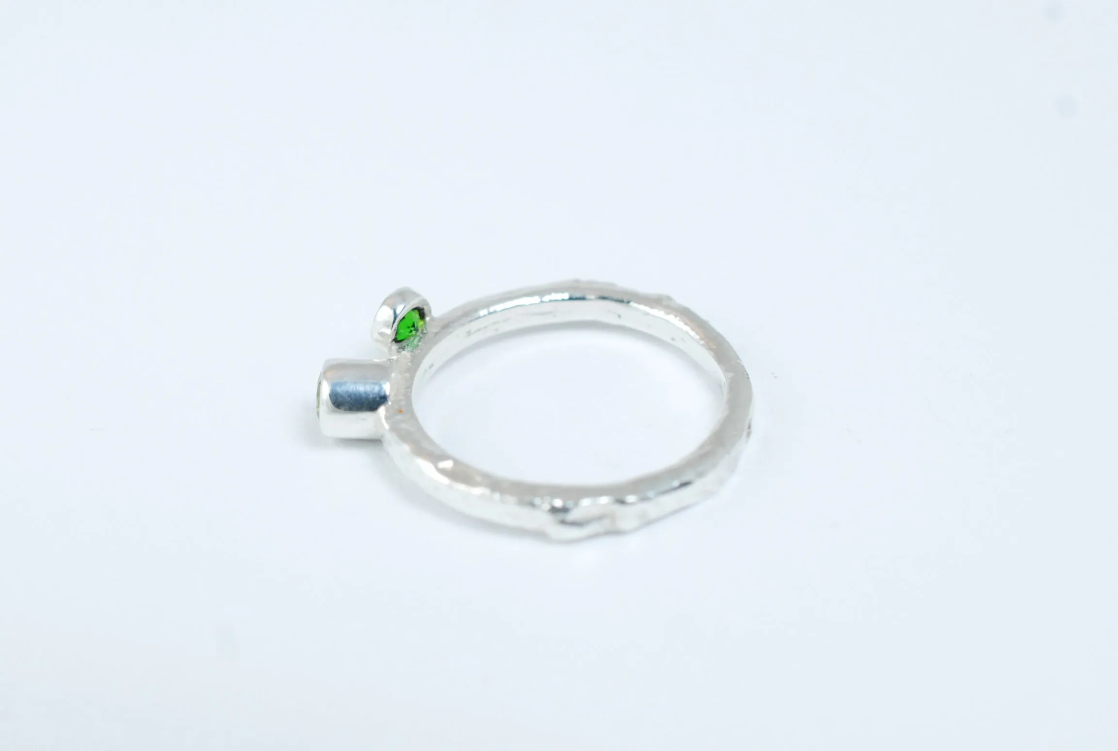 Silver two green stone stackable ring