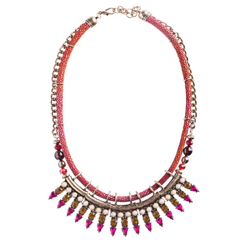 Statement Bib Style Curb Chain Bead Pearl Fabric Antique Gold Necklace Set Red