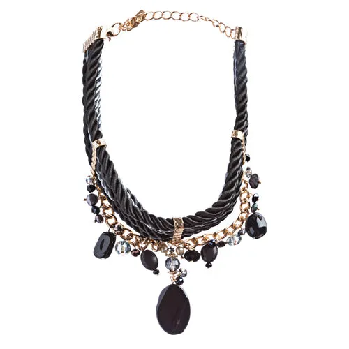 Statement Bohemian Bead Crystal Rhinestone Bold Dangle Necklace Set Gold Black